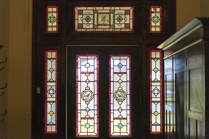 Beautiful lead light 1890's cedar front door with seven leadlight panels and 3 painted birds