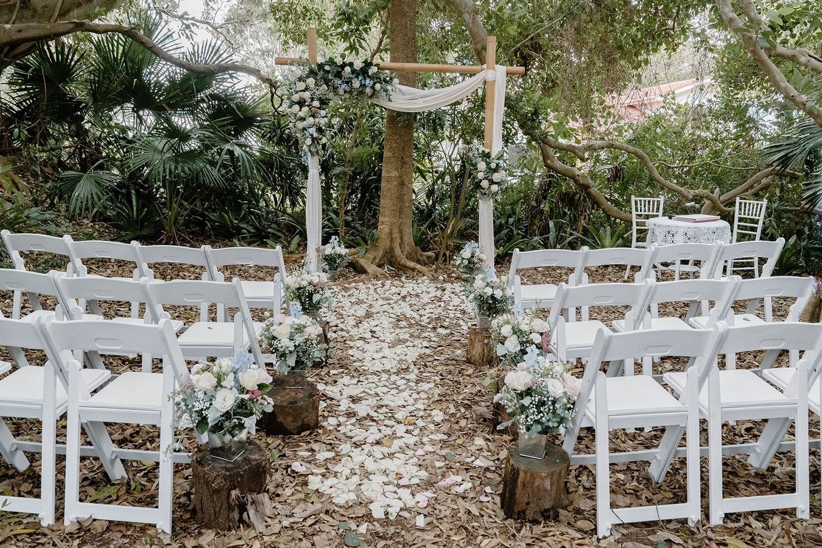 Wedding ceremony under fig trees, surrounded by rainforest with white ceremony chairs, floral arbour, white florals and flower petals on the ground